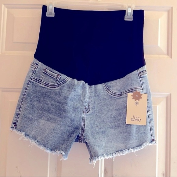 Soho Women's Maternity Denim Shorts - Dark black and Denim Blue - Picture 1 of 6